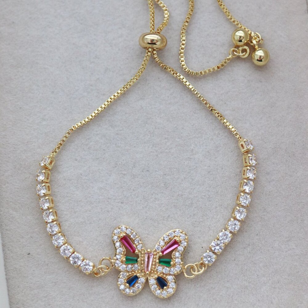 Butterfly Multicolor Rhinestones Tennis Style Slider Bracelet 18k Gold Plated
